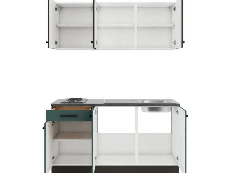 Discount Rimini409/Verona405 Miniküche 150 cm Rillendekor Nussbaum / Steingrün Miniküchen|Kochfelder