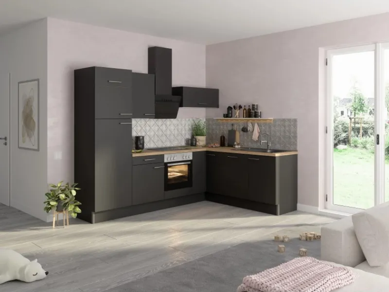 Winkelküche Optikoncept Ingvar 270 cm Anthrazit Kochfelder|Kühlschränke
