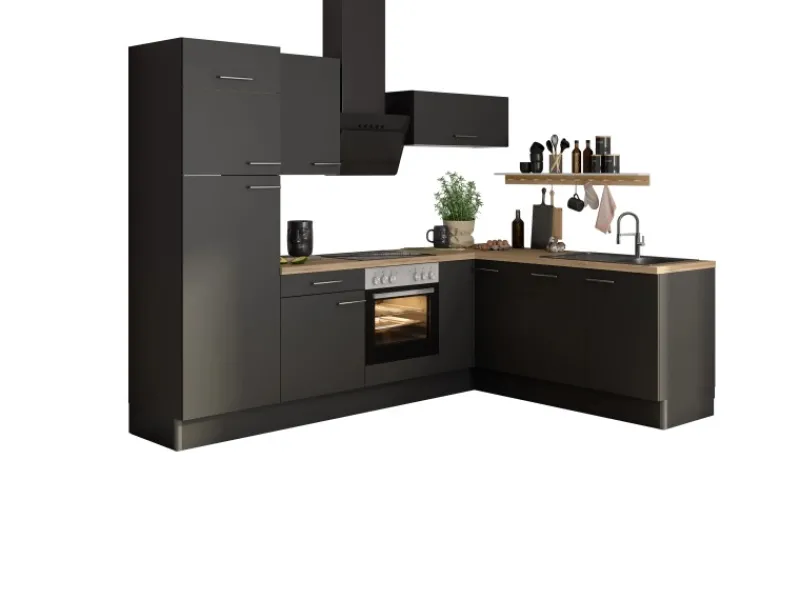 Winkelküche Optikoncept Ingvar 270 cm Anthrazit Kochfelder|Kühlschränke