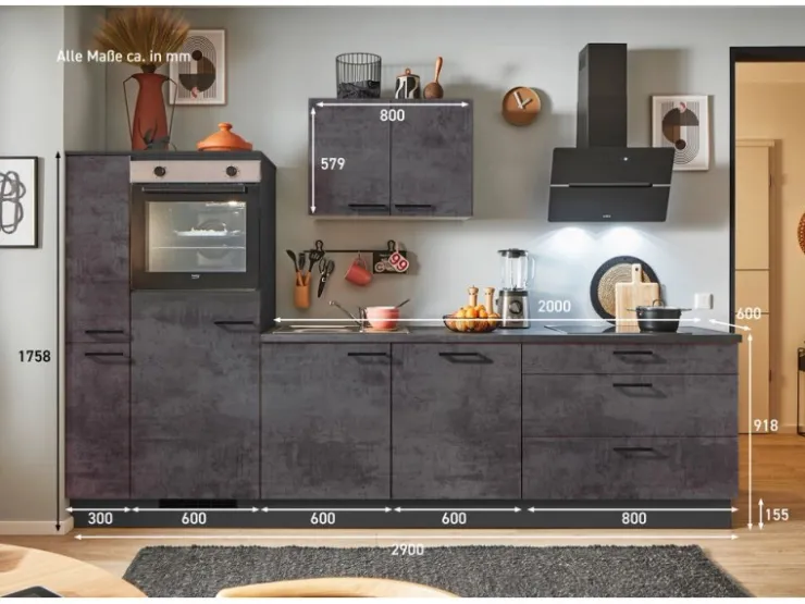 Sale Pino Küchenzeile 290cm Beton Grafitgrau Anschlag L 1 Geräte-. 1 Seitenschrank