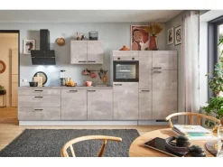 Clearance Pino Küchenzeile 340cm Beton Perlgrau Anschlag R 1 Geräte-, 1 Apothekerschrank