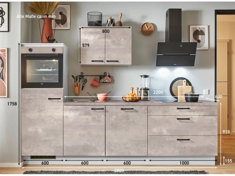 Online Küchenzeile 280 cm Beton Perlgrau Anschlag links 1 Geräteschrank Kochfelder