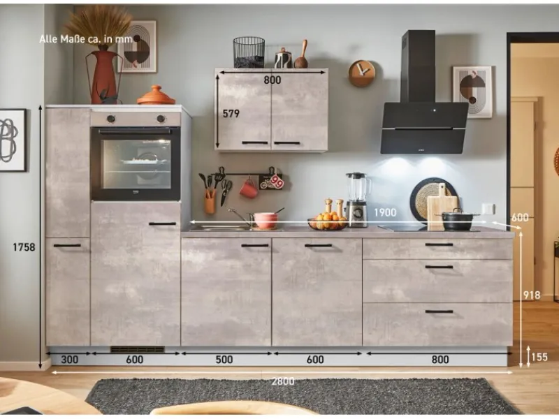 Best Küchenzeile 280cm Beton Perlgrau Anschlag L 1 Geräte-, 1 Apothekerschrank Winkelküchen