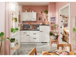 Küchenzeile 180 cm Beton Weißgrau Anschlag rechts 1 Geräteschrank Kühlschränke