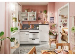Küchenzeile 180 cm Beton Weißgrau Anschlag rechts 1 Geräteschrank Kühlschränke