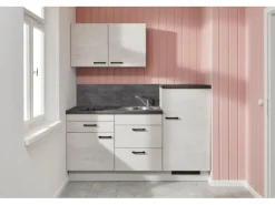 Küchenzeile 180 cm Beton Weißgrau Anschlag rechts 1 Geräteschrank Kühlschränke