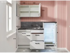 Küchenzeile 180 cm Beton Weißgrau Anschlag rechts 1 Geräteschrank Kühlschränke