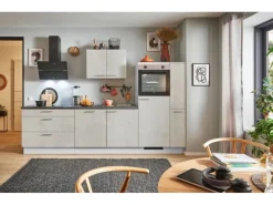 Discount Küchenzeile 290cm Beton Weißgrau Anschlag R 1 Geräte-, 1 Apothekerschrank Kühlschränke
