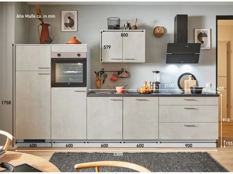 Best Küchenzeile 330 cm Beton Weißgrau Anschlag links 2 Geräteschränke Kühlschränke