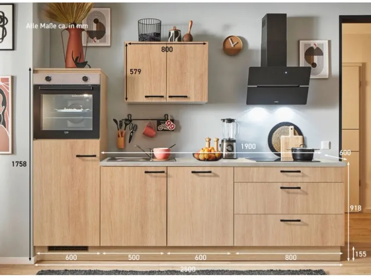 Outlet Pino Küchenzeile 250 cm Eiche Aviva Anschlag links 1 Geräteschrank