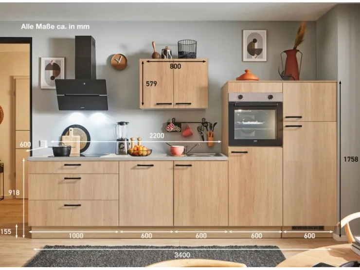 Discount Pino Küchenzeile 340 cm Eiche Aviva Anschlag rechts 2 Geräteschränke