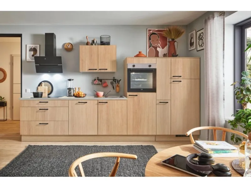 Küchenzeile 340cm Eiche Aviva Anschlag rechts 1 Geräte-, 1 Apothekerschrank Kühlschränke