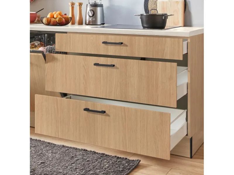 Clearance Küchenzeile 280 cm Eiche Aviva Anschlag links 1 Geräte-, 1 Apothekerschrank Kochfelder|Kühlschränke