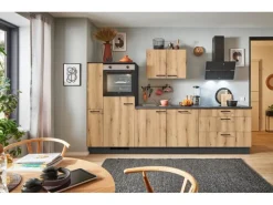 New Küchenzeile 310 cm Evoke Eiche Anschlag links 1 Geräte-, 1 Apothekerschrank Kühlschränke