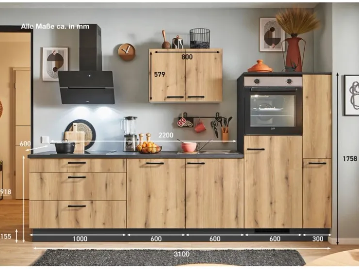 Sale Pino Küchenzeile 310cm Evoke Eiche Anschlag rechts 1 Geräte-, 1 Apothekerschrank