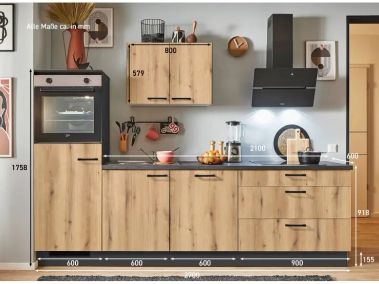 New Pino Küchenzeile 270 cm Evoke Eiche Anschlag links 1 Geräteschrank