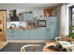 Discount Pino Küchenzeile 350 cm Fjordgrün Anschlag rechts 1 Geräte-, 1 Apothekerschrank