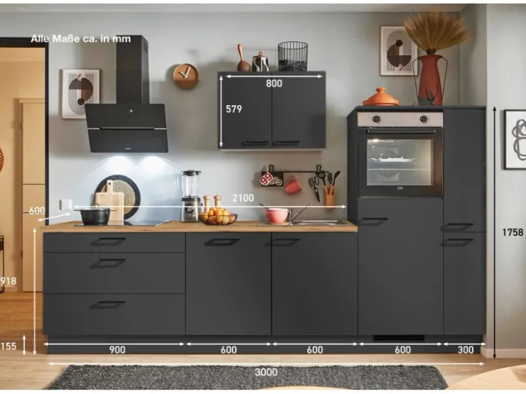 Outlet Pino Küchenzeile 300 cm Grafit Anschlag rechts 1 Geräte-. 1 Seitenschrank