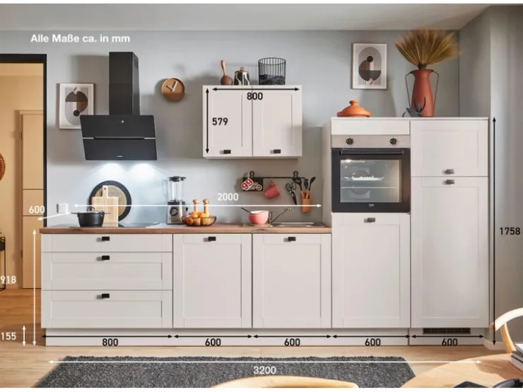 Clearance Pino Küchenzeile 320 cm Kaschmirgrau Matt Anschlag rechts 2 Geräteschränke