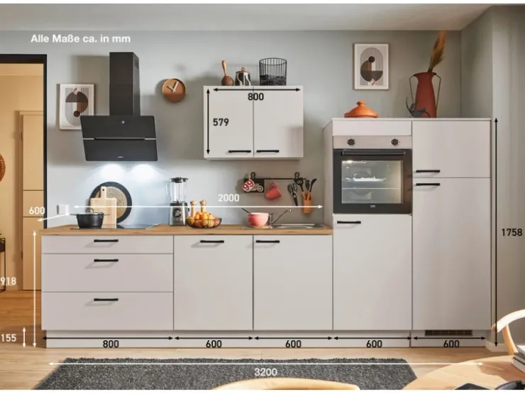Hot Pino Küchenzeile 320 cm Kaschmirgrau Anschlag rechts 2 Geräteschränke