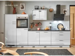 Clearance Pino Küchenzeile 340 cm Lichtgrau Hochglanz Anschlag links 2 Geräteschränke