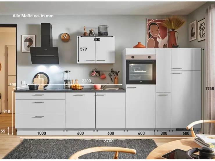 Sale Pino Küchenzeile 370 cm Lichtgrau Anschlag rechts 1 Geräte-, 1 Apothekerschrank