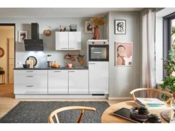 Outlet Küchenzeile 270 cm Lichtgrau Hochglanz Anschlag rechts 1 Geräteschrank Kochfelder