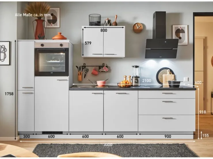 Best Pino Küchenzeile 300 cm Lichtgrau Anschlag links 1 Geräte-. 1 Seitenschrank