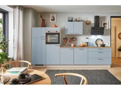 New Küchenzeile 310 cm Pastellblau Anschlag links 2 Geräteschränke Kühlschränke