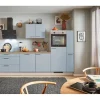 Outlet Küchenzeile 280cm Pastellblau Anschlag rechts 1 Geräte-, 1 Apothekerschrank Kühlschränke