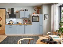 Outlet Küchenzeile 280cm Pastellblau Anschlag rechts 1 Geräte-, 1 Apothekerschrank Kühlschränke