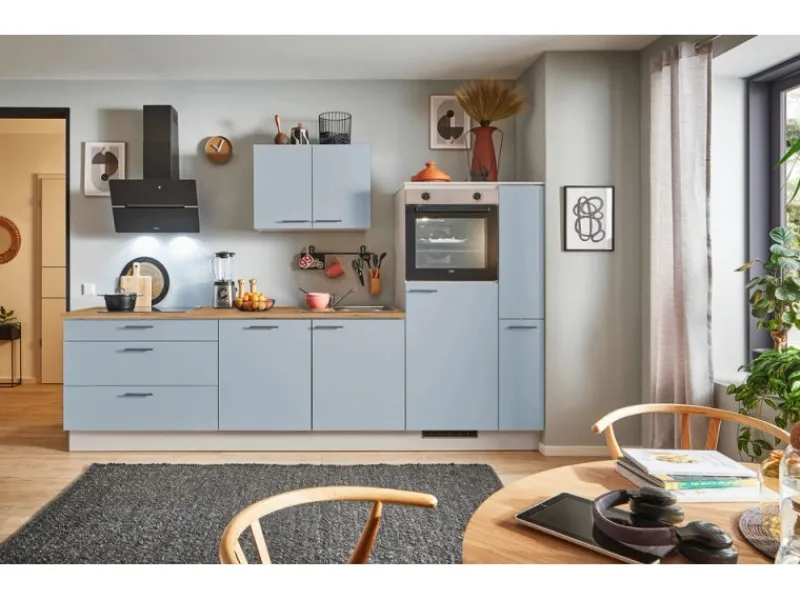Outlet Küchenzeile 280cm Pastellblau Anschlag rechts 1 Geräte-, 1 Apothekerschrank Kühlschränke