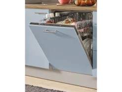 Outlet Küchenzeile 280cm Pastellblau Anschlag rechts 1 Geräte-, 1 Apothekerschrank Kühlschränke