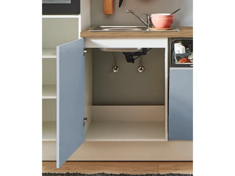 Outlet Küchenzeile 280cm Pastellblau Anschlag rechts 1 Geräte-, 1 Apothekerschrank Kühlschränke