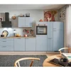 Küchenzeile 370cm Pastellblau Anschlag rechts 1 Geräte-, 1 Apothekerschrank Kühlschränke