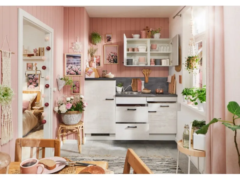 Küchenzeile 180 cm Pastellblau Anschlag links 1 Geräteschrank Kühlschränke