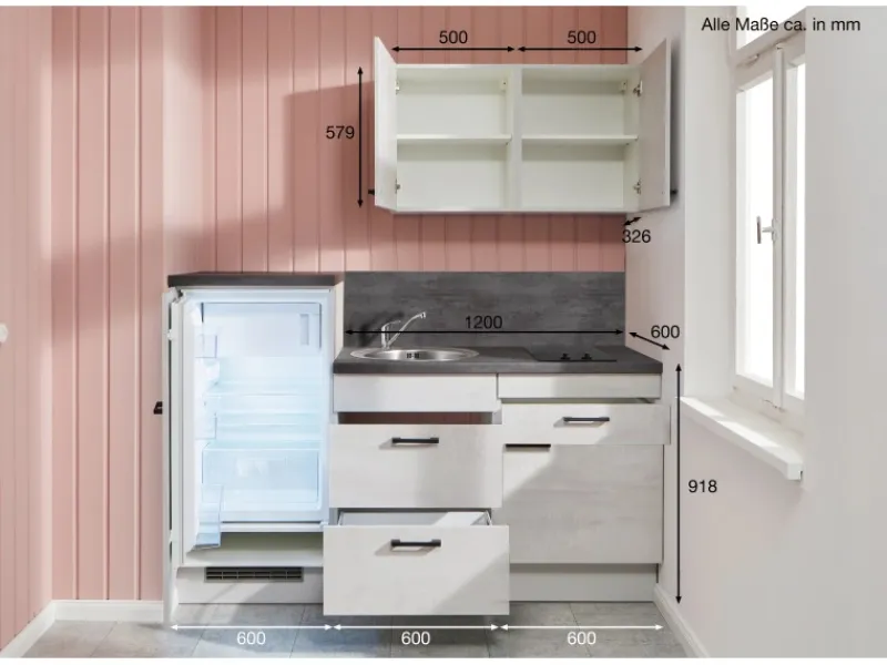 Küchenzeile 180 cm Pastellblau Anschlag links 1 Geräteschrank Kühlschränke
