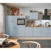 Clearance Küchenzeile 350 cm Pastellblau Anschlag links 1 Geräte-, 1 Apothekerschrank Kühlschränke