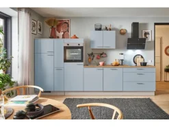 Clearance Küchenzeile 350 cm Pastellblau Anschlag links 1 Geräte-, 1 Apothekerschrank Kühlschränke
