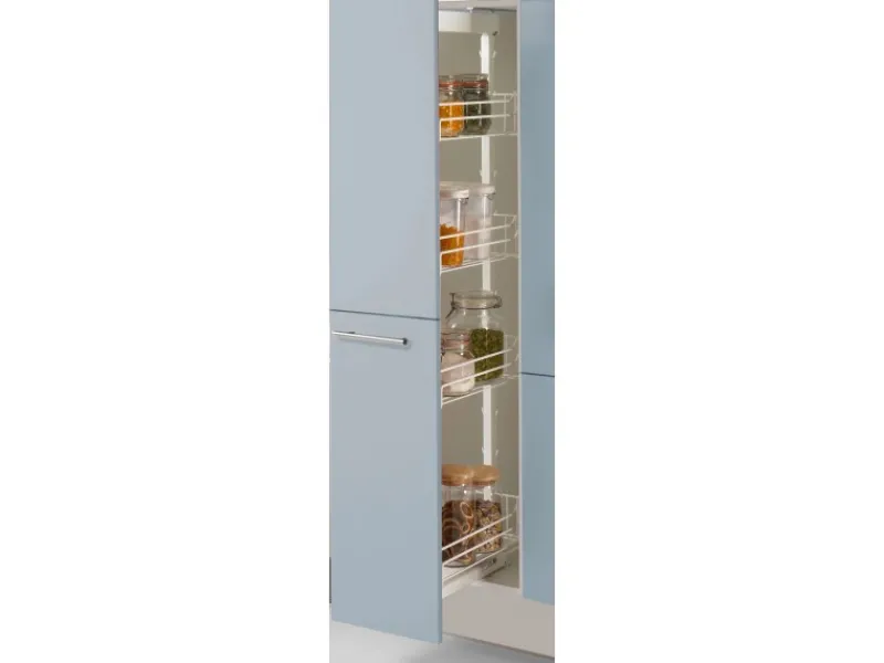 Clearance Küchenzeile 350 cm Pastellblau Anschlag links 1 Geräte-, 1 Apothekerschrank Kühlschränke