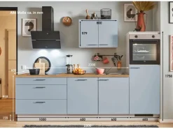 Clearance Pino Küchenzeile 280 cm Pastellblau Anschlag rechts 1 Geräteschrank