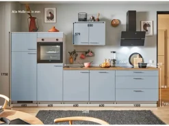Clearance Küchenzeile 340 cm Pastellblau Anschlag links 2 Geräteschränke Kochfelder