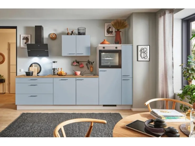 Sale Küchenzeile 270 cm Pastellblau Anschlag rechts 1 Geräteschrank Kochfelder|Kühlschränke