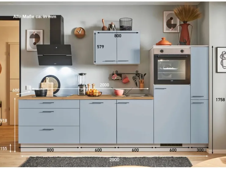 Sale Küchenzeile 270 cm Pastellblau Anschlag rechts 1 Geräteschrank Kochfelder|Kühlschränke
