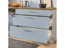 Sale Küchenzeile 270 cm Pastellblau Anschlag rechts 1 Geräteschrank Kochfelder|Kühlschränke