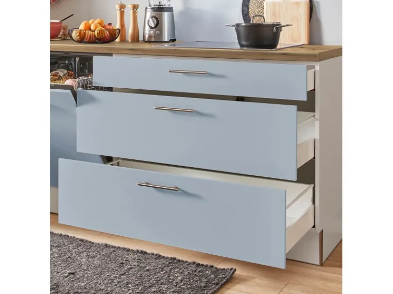 Outlet Küchenzeile 320 cm Pastellblau Anschlag links 2 Geräteschränke Kochfelder|Kühlschränke