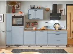 Sale Pino Küchenzeile 280 cm Pastellblau Anschlag links 1 Geräte-, 1 Apothekerschrank