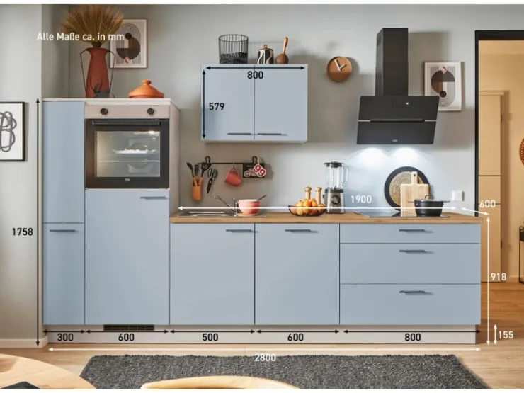 Sale Pino Küchenzeile 280 cm Pastellblau Anschlag links 1 Geräte-, 1 Apothekerschrank