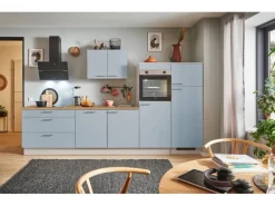 New Küchenzeile 330 cm Pastellblau Anschlag rechts 2 Geräteschränke Kochfelder|Kühlschränke