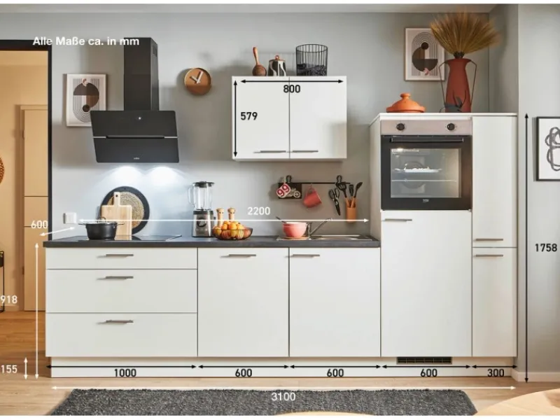 Clearance Küchenzeile 310 cm Weiß Anschlag rechts 1 Geräte-. 1 Seitenschrank Kühlschränke